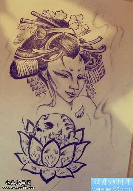 手稿黑灰艺妓纹身图案
