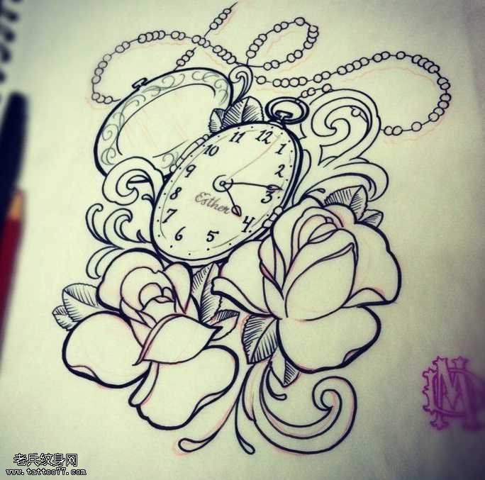 手稿玫瑰花纹身图案