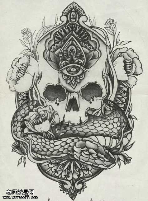 骷髅牡丹花上帝之眼蛇纹身图案