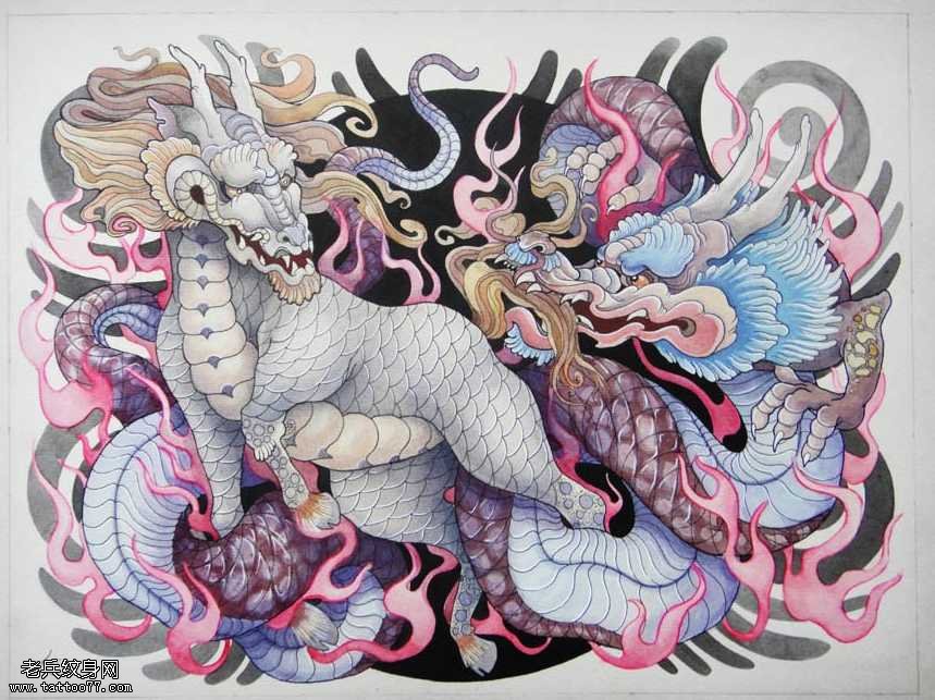 手稿龙与麒麟纹身图案