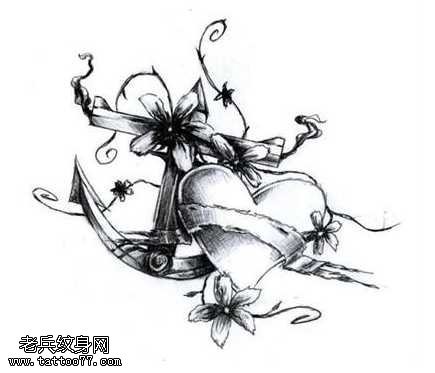 手稿黑灰船锚爱心纹身图案