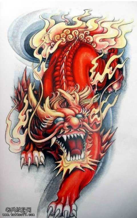 手稿很酷火麒麟纹身图案