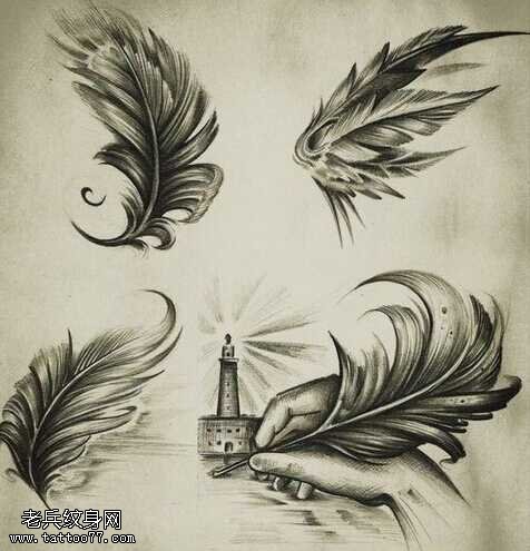 手稿黑灰灯塔羽毛纹身图案