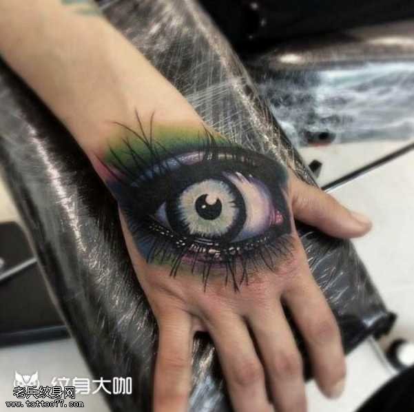 手部逼真眼睛纹身图案