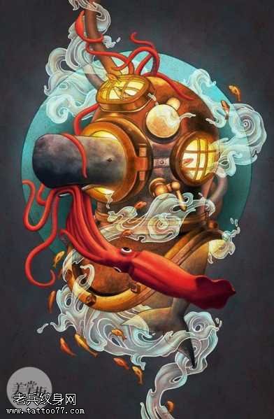 手稿深海潜水员纹身图案