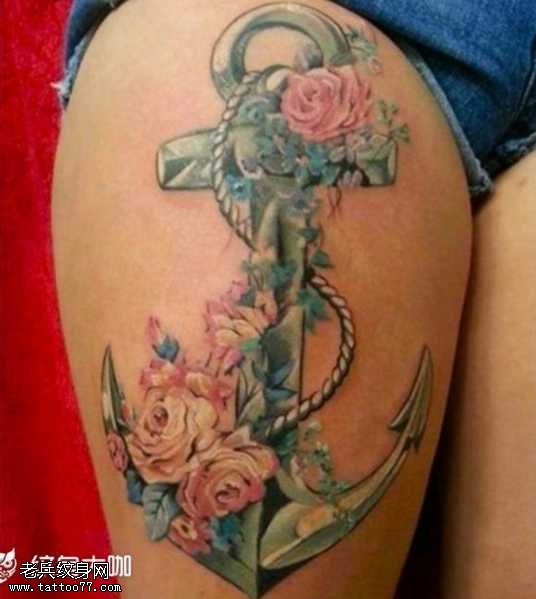 腿部船锚纹身图案