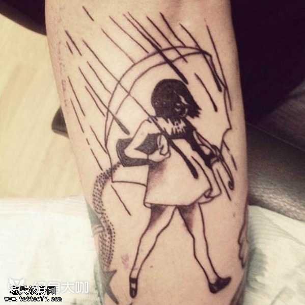 腿部小女孩伞纹身图案