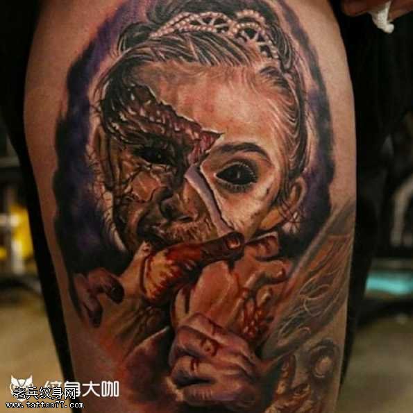 腿部丧尸纹身图案