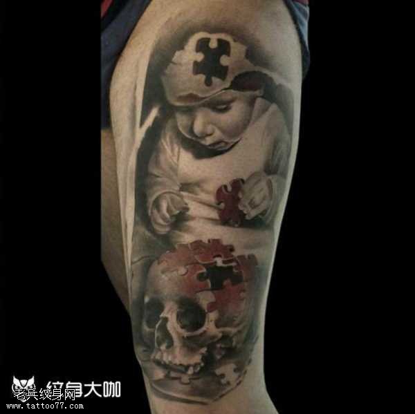 腿部小孩纹身图案
