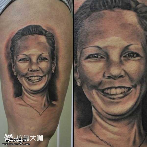 腿部女人肖像纹身图案