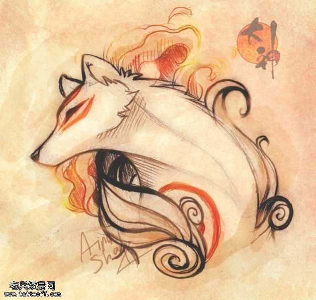 手稿日本神狐狸纹身图案