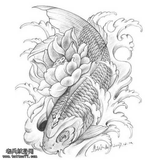 手稿素色鲤鱼纹身图案