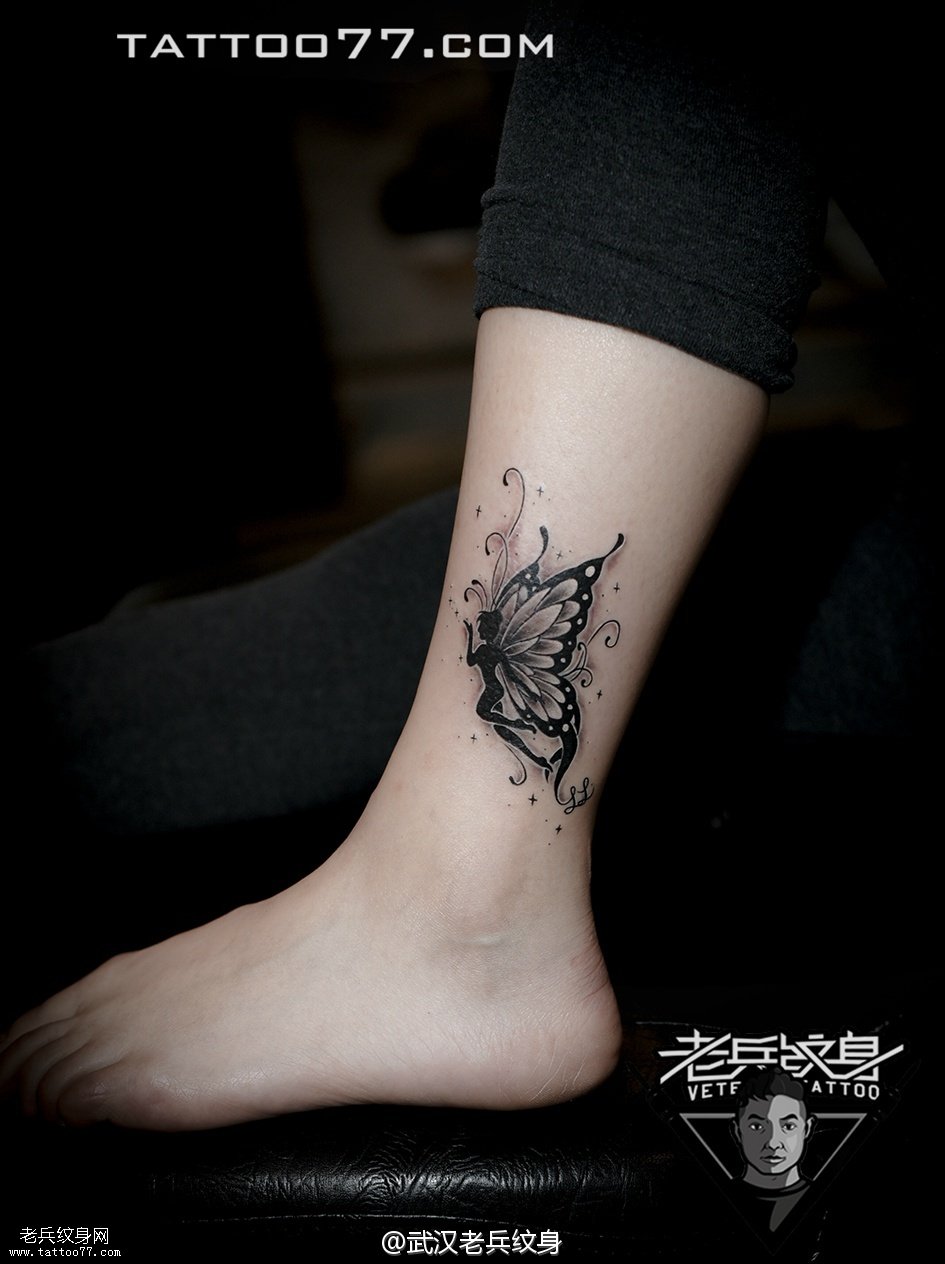 脚踝蝴蝶精灵纹身图案作品