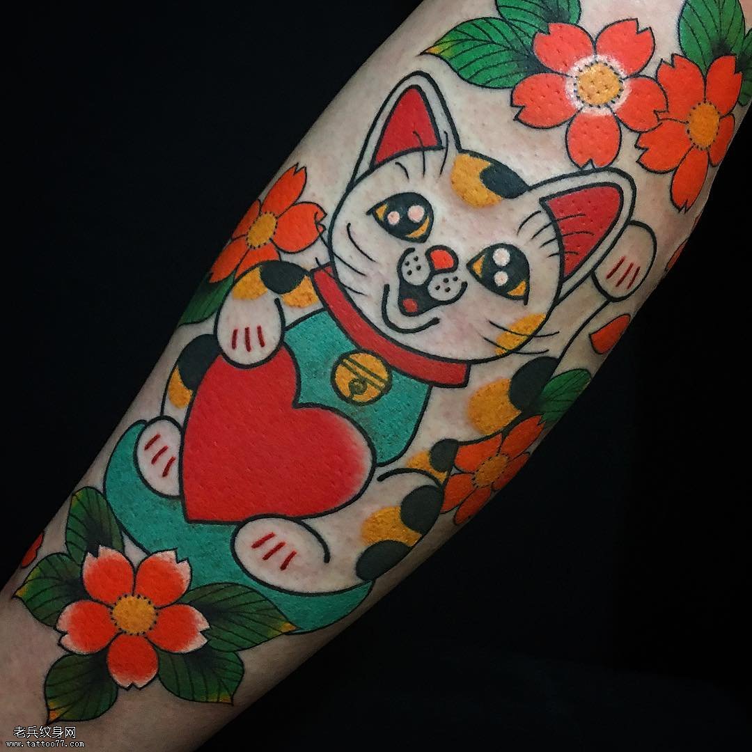 招财猫 樱花纹身图案