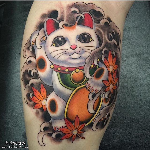 日式tattoo传统浪花招财猫枫叶纹身图案