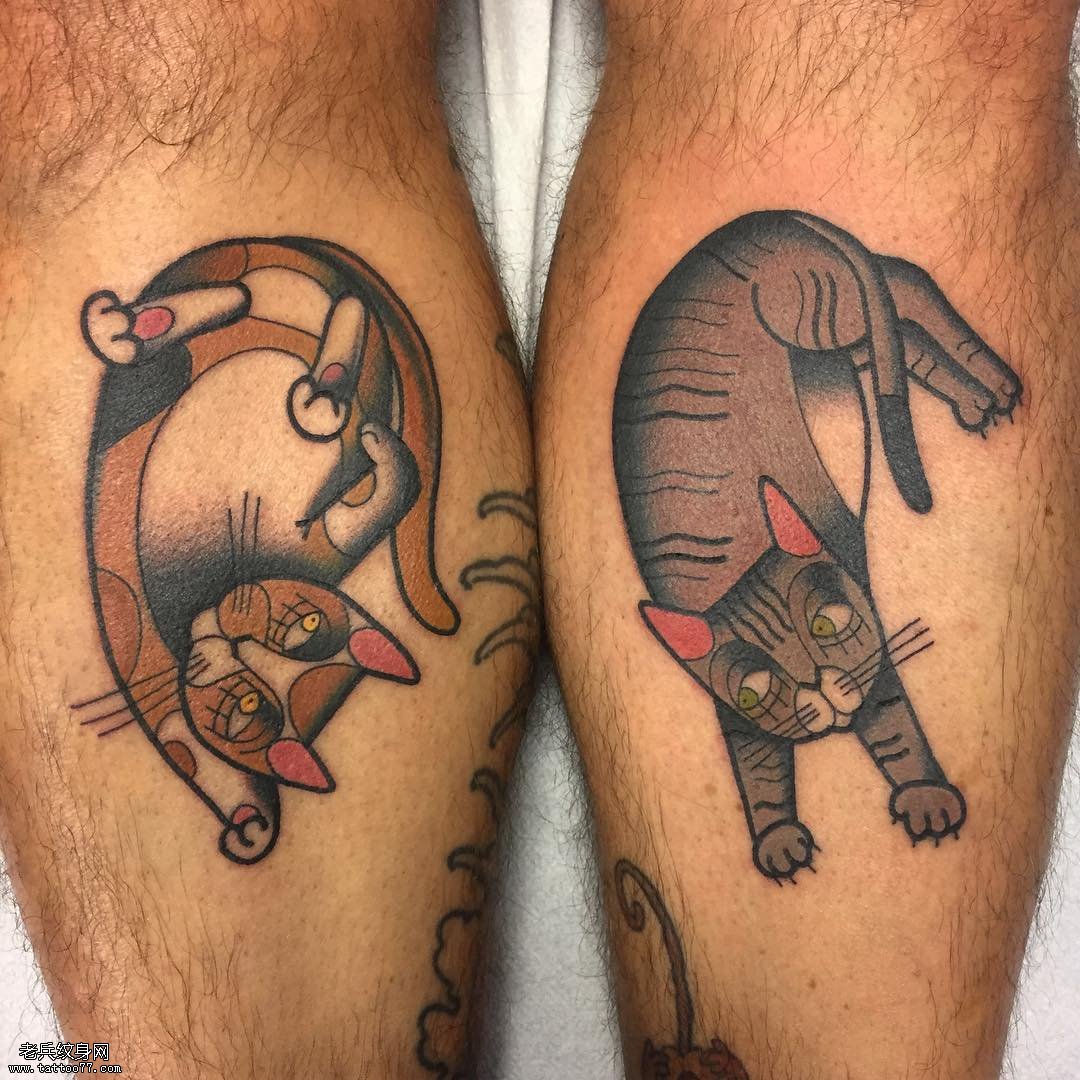 小腿欧美卡通tattoo猫纹身图案