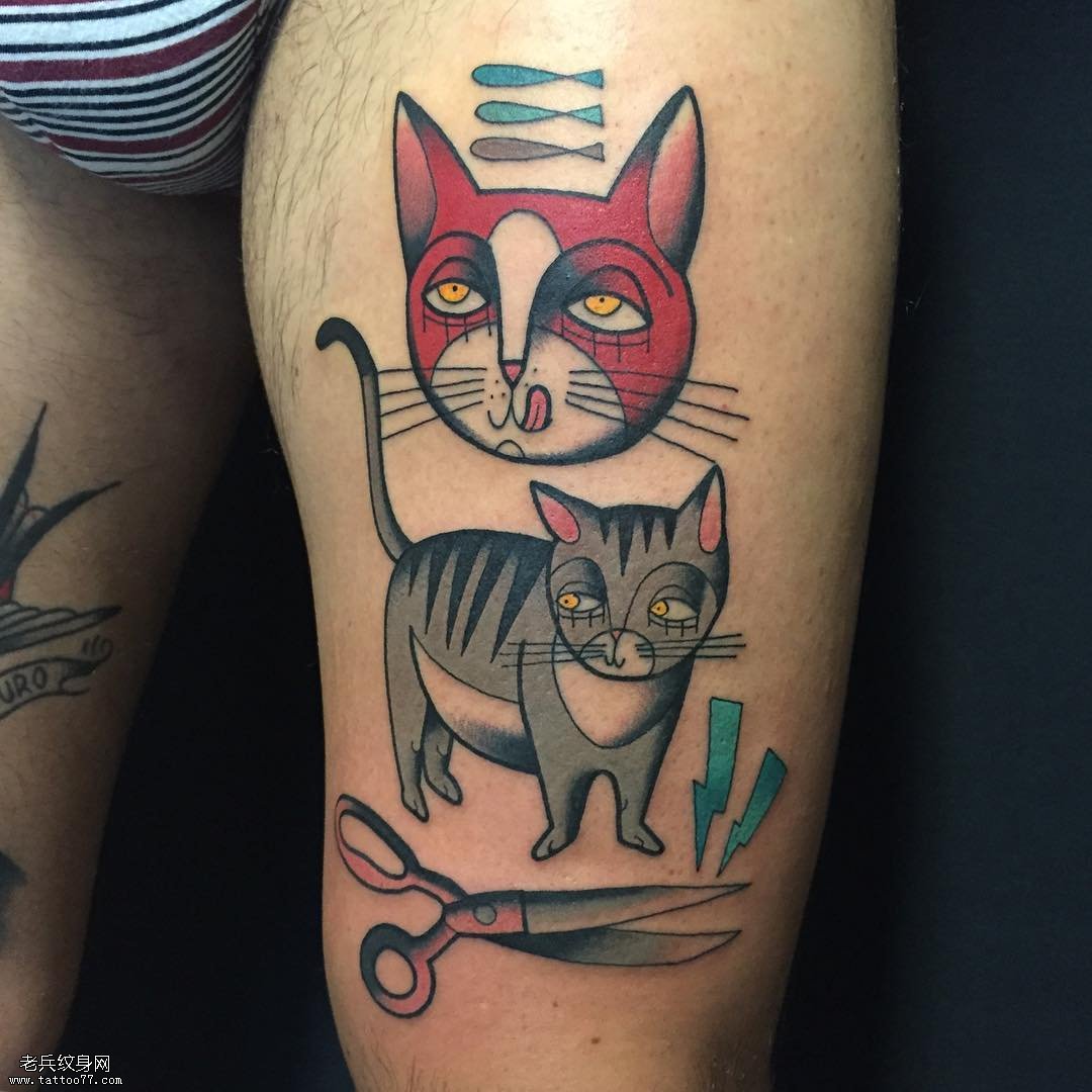 大腿卡通风格欧美猫剪刀tattoo图案