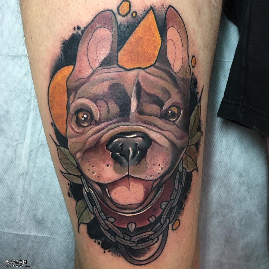 小腿欧美彩色tattoo狗图案