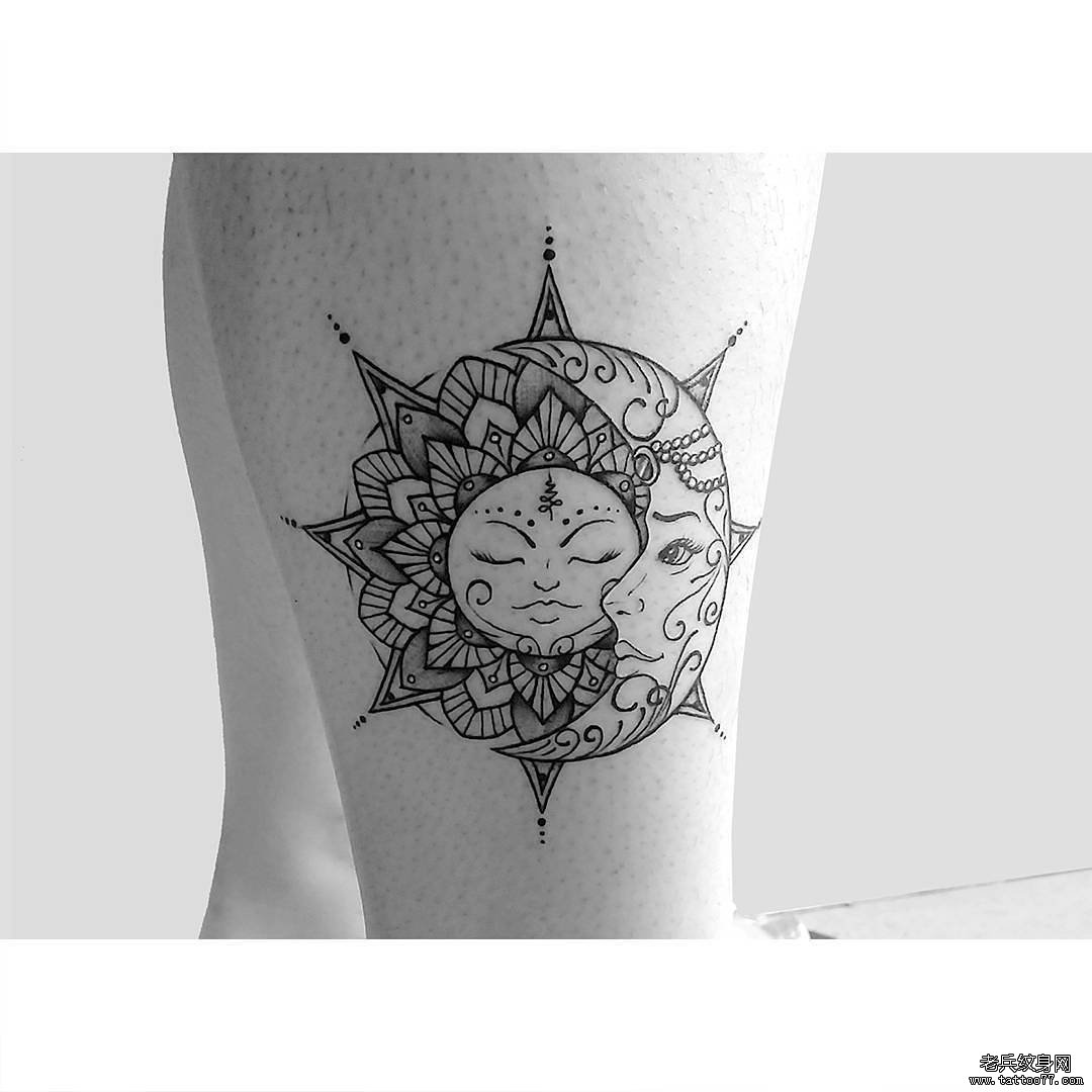 小腿梵花月亮太阳纹身图案