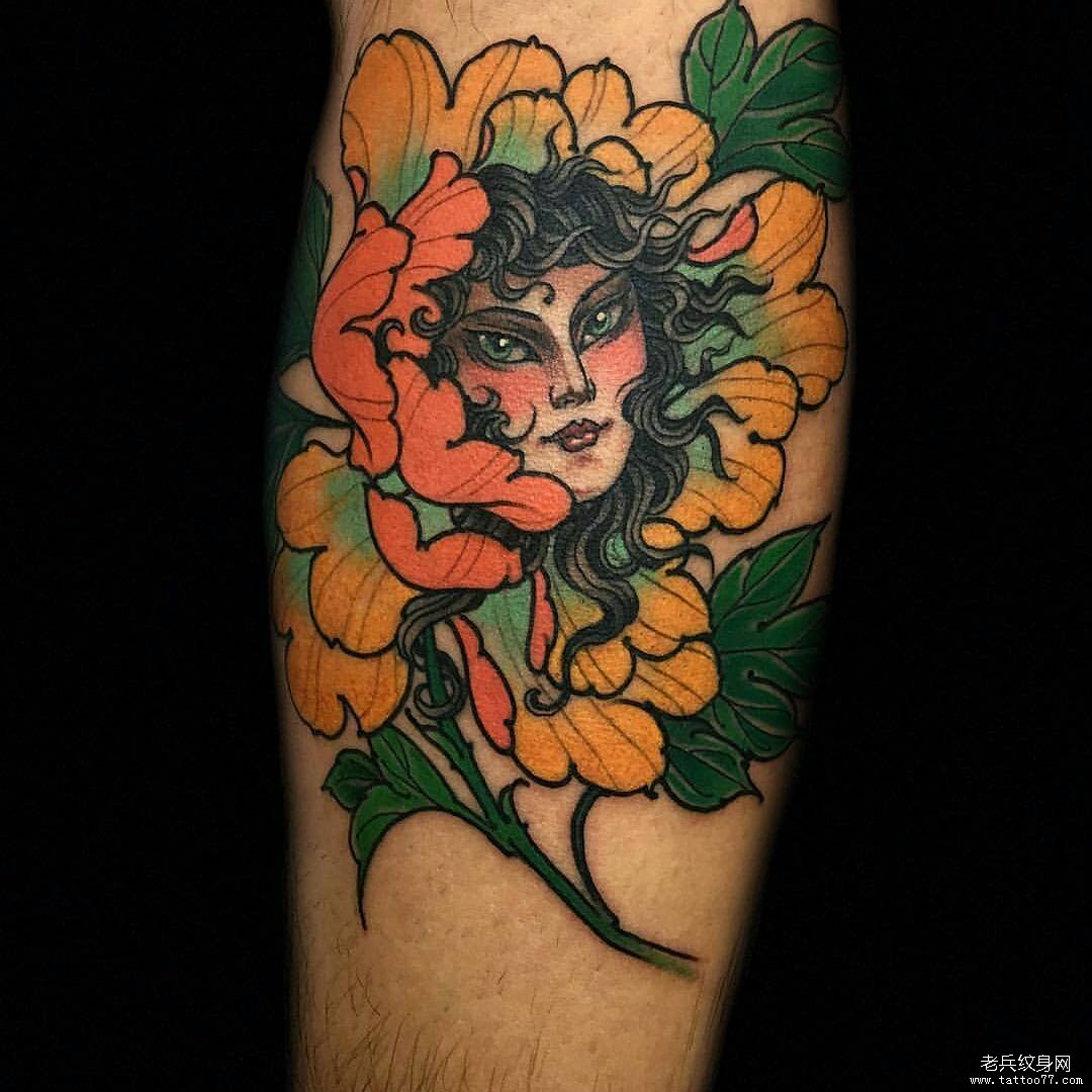 小腿牡丹女郎tattoo图案
