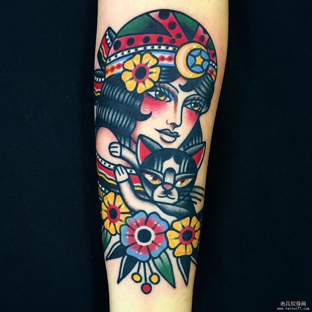 小腿old school 女郎tattoo图案