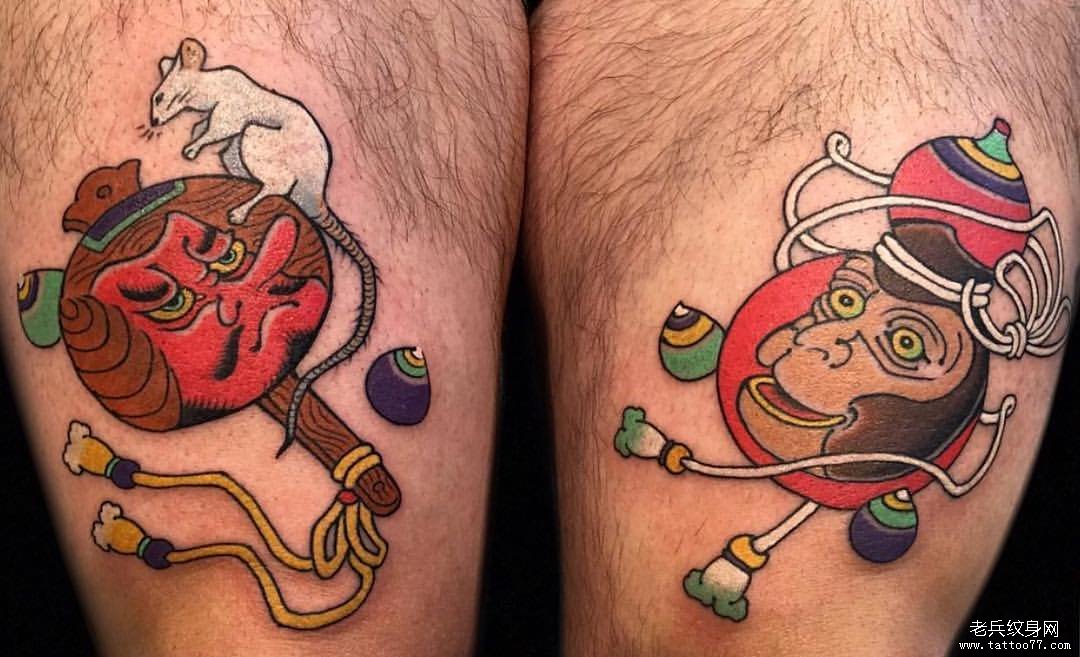 大腿日式天狗老鼠纹身图案