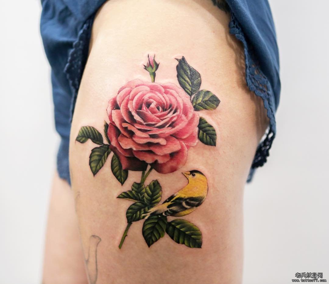 大腿school写实玫瑰tattoo图案