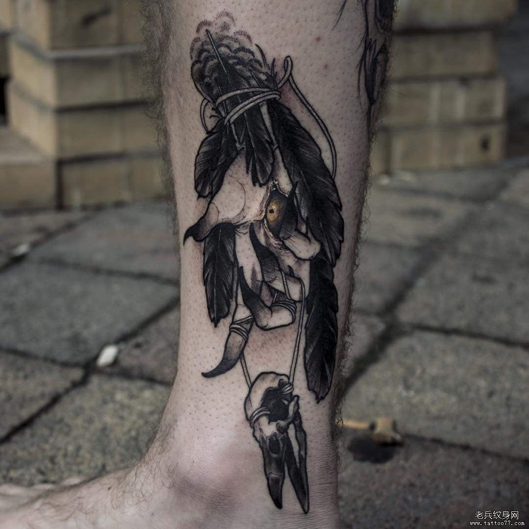 小腿school羽毛手tattoo