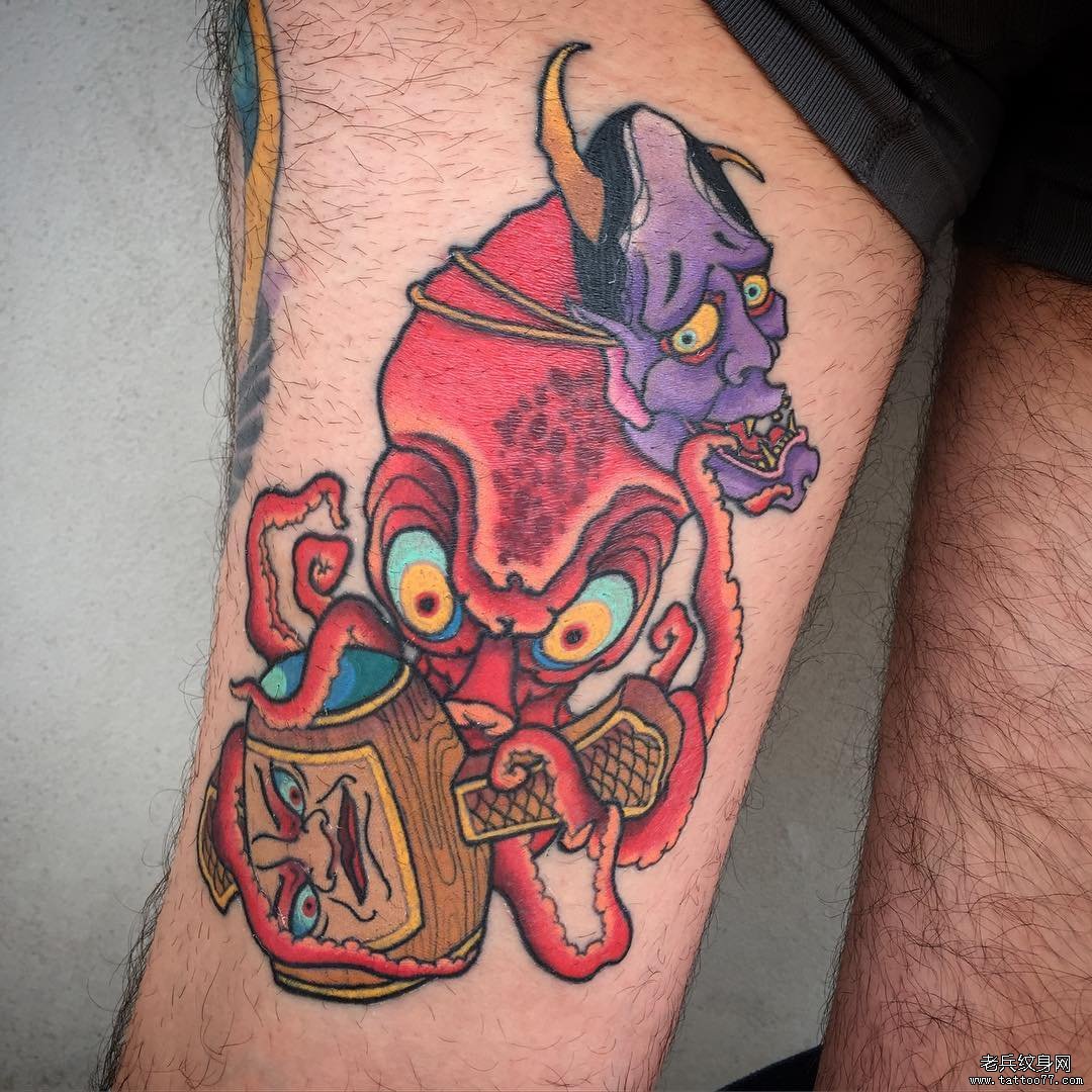 大腿传统般若章鱼tattoo图案