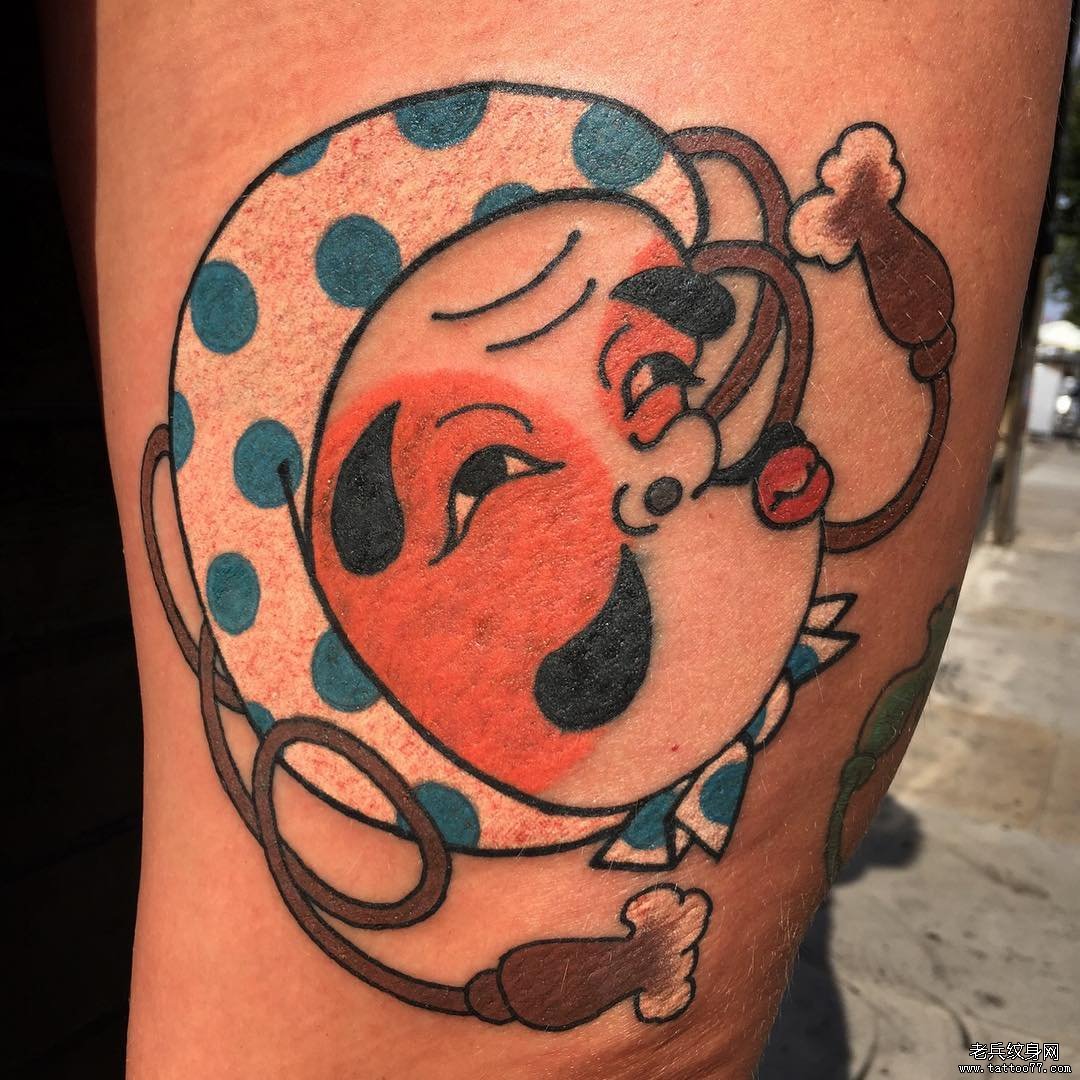 大腿日式老传统火男纹身图案