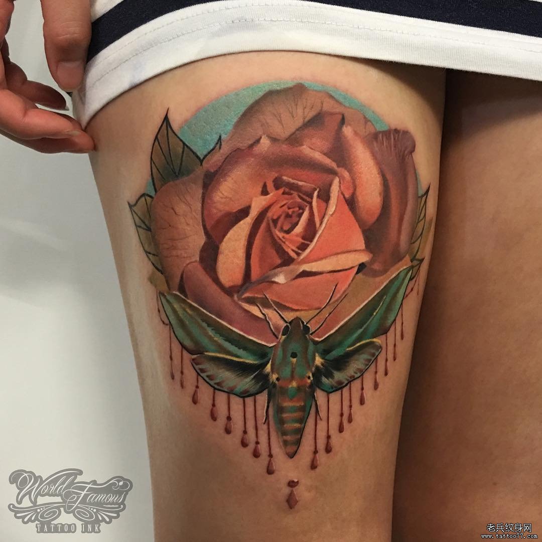 大腿school玫瑰飞蛾tattoo
