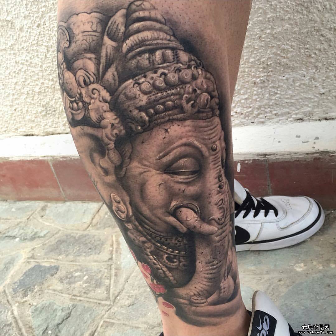 小腿传统象神tattoo