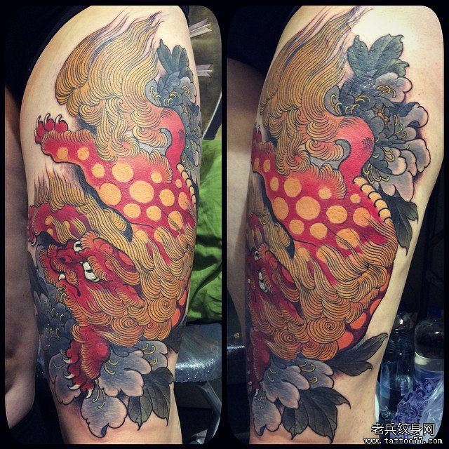 大腿新传统唐狮tattoo图案