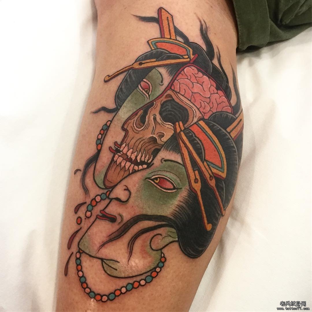 大腿日式骷髅艺妓tattoo