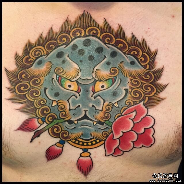 胸口老传统唐狮日式tattoo