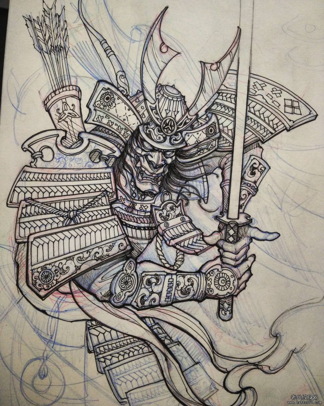 传统鬼武士纹身图案手稿