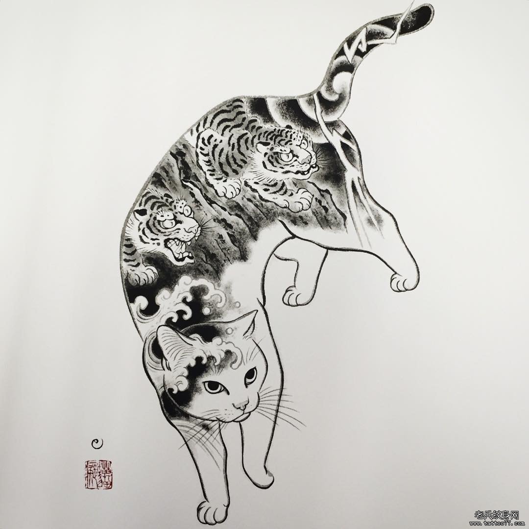 传统纹身猫纹身图案手稿