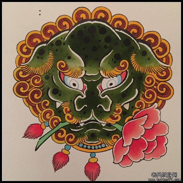传统唐狮纹身图案手稿