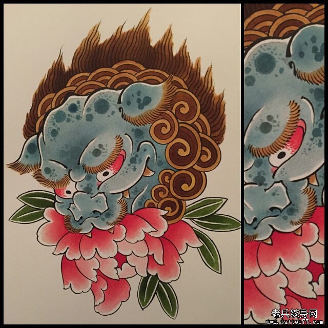 传统唐狮纹身图案手稿