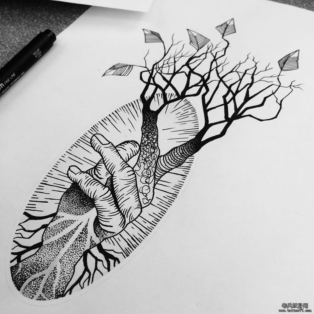 点刺手树纹身图案手稿