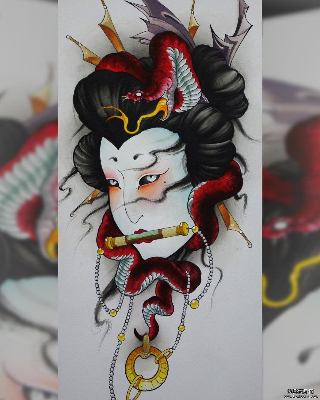 日式艺妓蛇纹身图案手稿