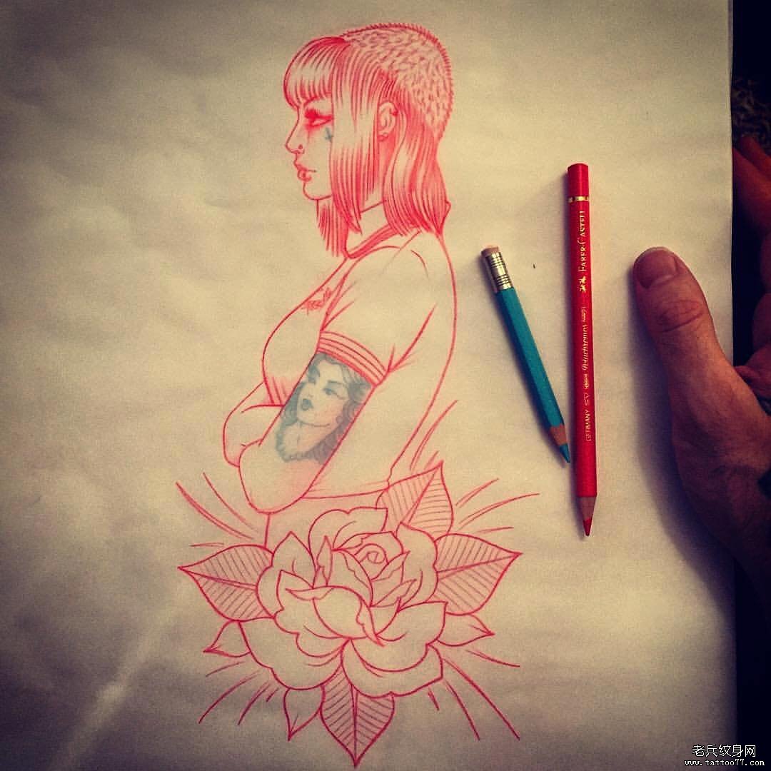 欧美女郎纹身图案手稿