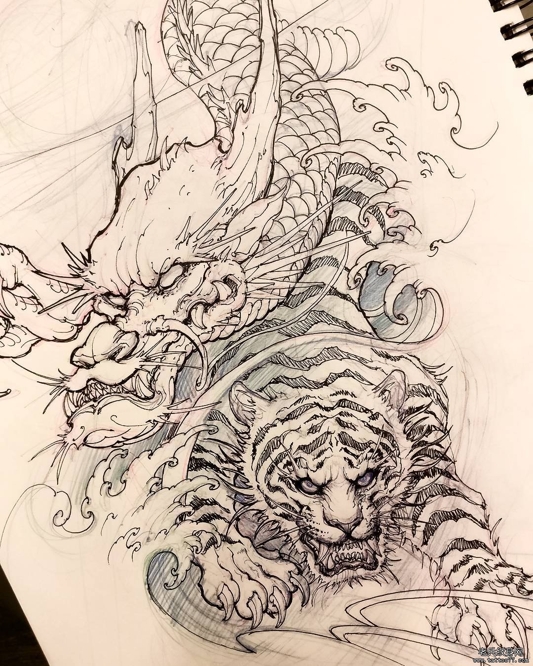 传统龙虎纹身图案手稿