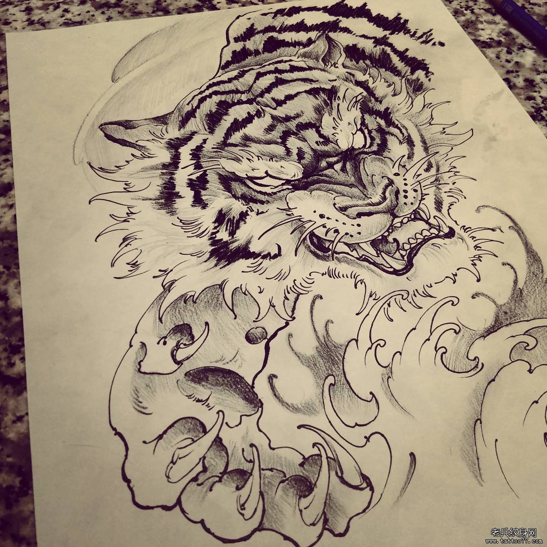 传统老虎纹身图案手稿