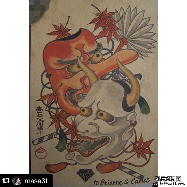 日式传统般若天狗纹身图案手稿