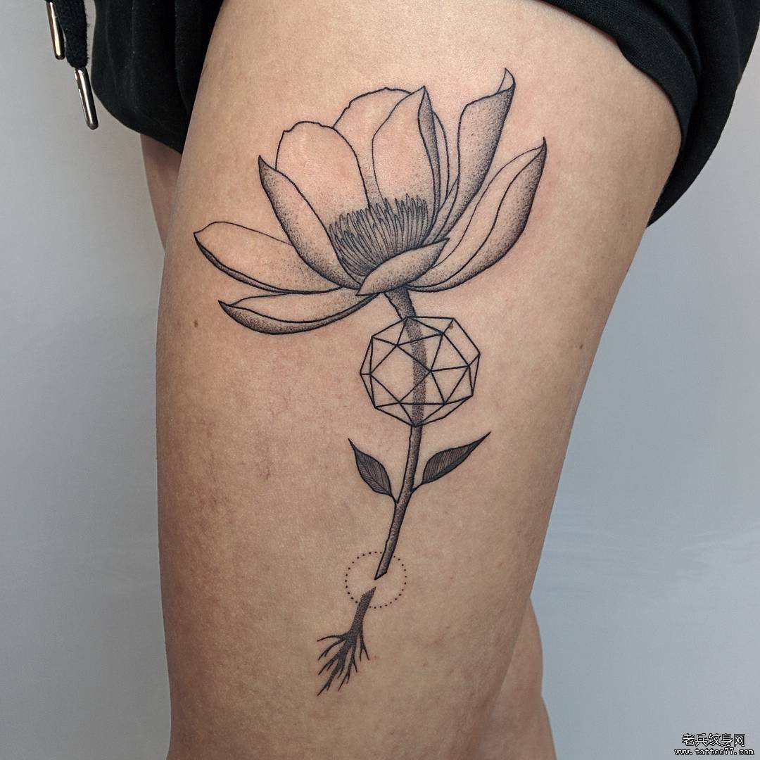 大腿莲花几何纹身图案tattoo
