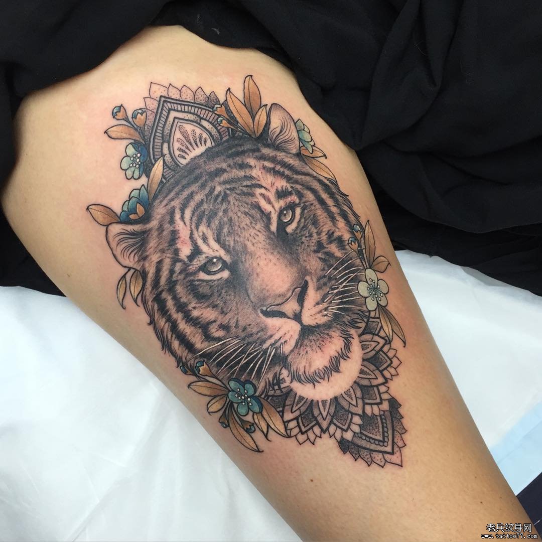 大腿老虎纹身tattoo图案