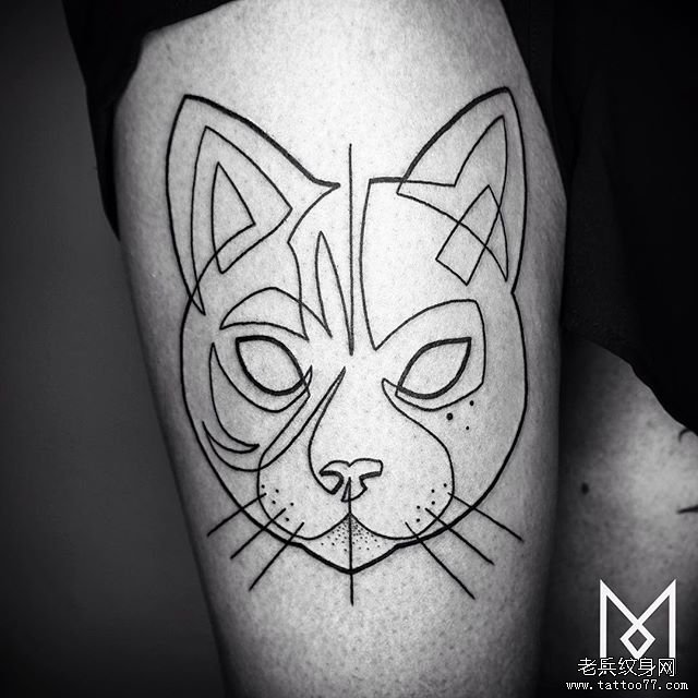大腿猫极简线条纹身图案