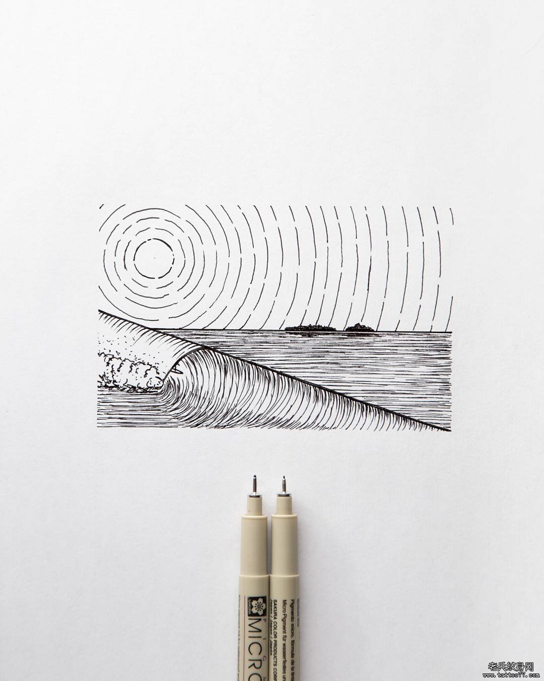 线条大海纹身图案手稿