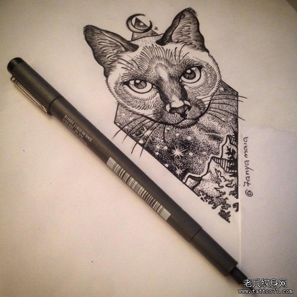 欧美点刺猫纹身图案手稿